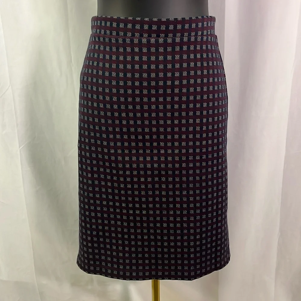 Ann Taylor Navy & Burgundy Plaid Ruffle Hem Pencil Skirt